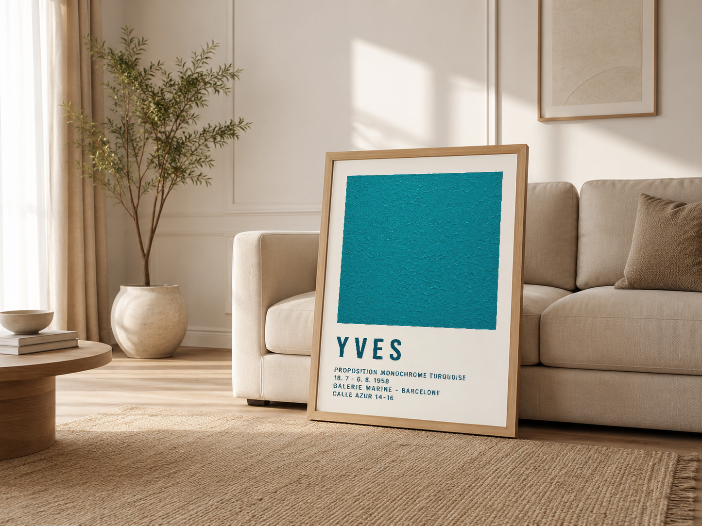 Krem rengi oturma odasında, ahşap çerçevelenmiş Yves posteri kanepesinin yanında modern boho dekorasyonla