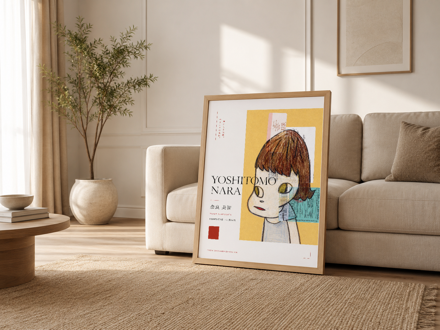 Krem renkli oturma odasında ahşap çerçeveli Nara tablosu, modern sanat koleksiyonunun kalp noktası.