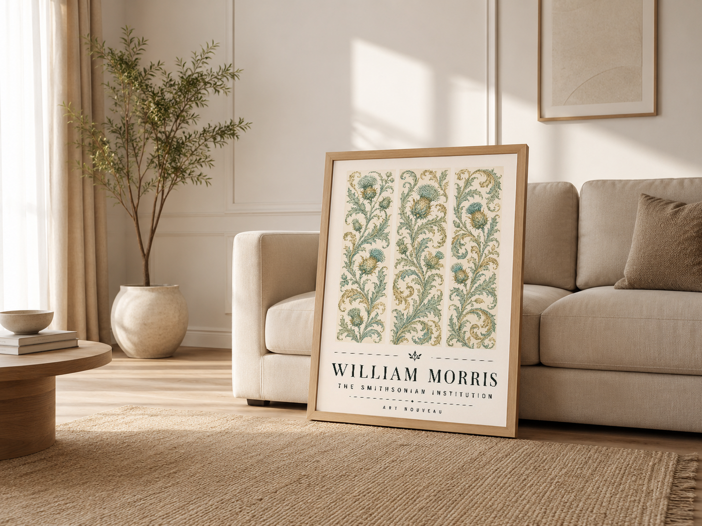 Krem kanepenin yanında, ahşap çerçeveli William Morris tablosu modern konforu sanatsal zarifiyet ile birleştirir.