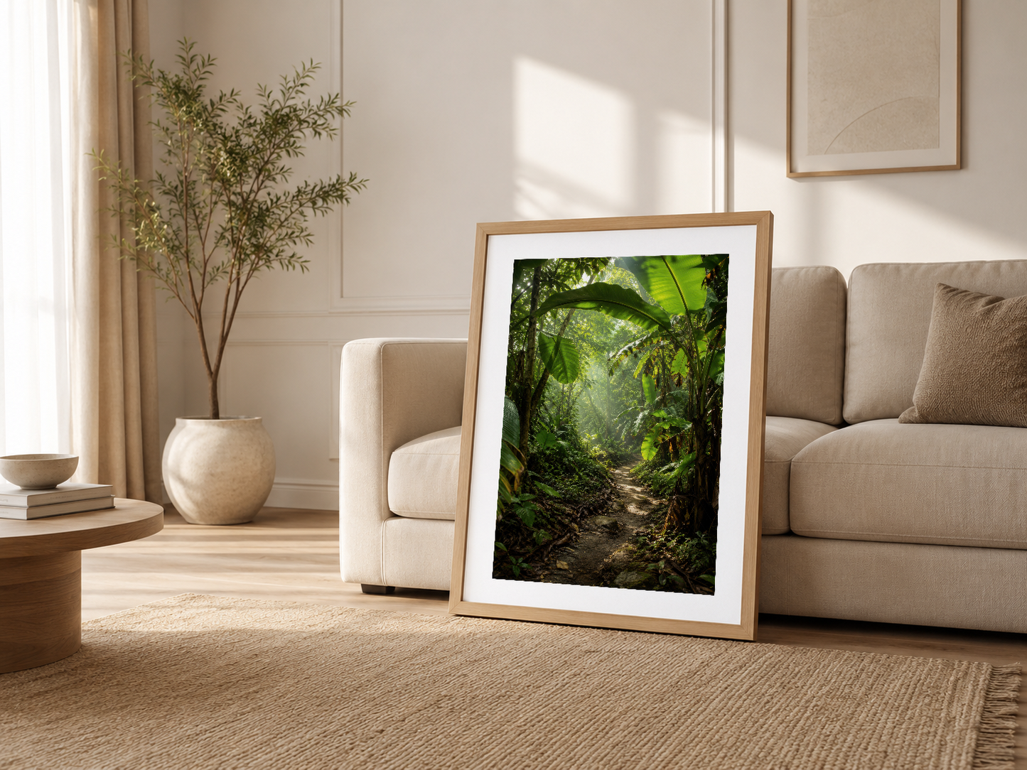 Minimalist oturma odasında ahşap çerçeveli jungle tablosu, huzurlu doğa esintisi katıyor.