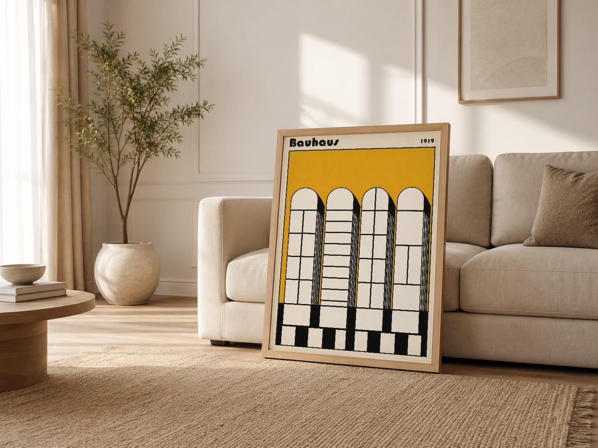 Krem renkli oturma odasında kanepenin yanında duran Bauhaus tablosu, doğal ışıkta tasarımın zarafetini yansıtıyor.