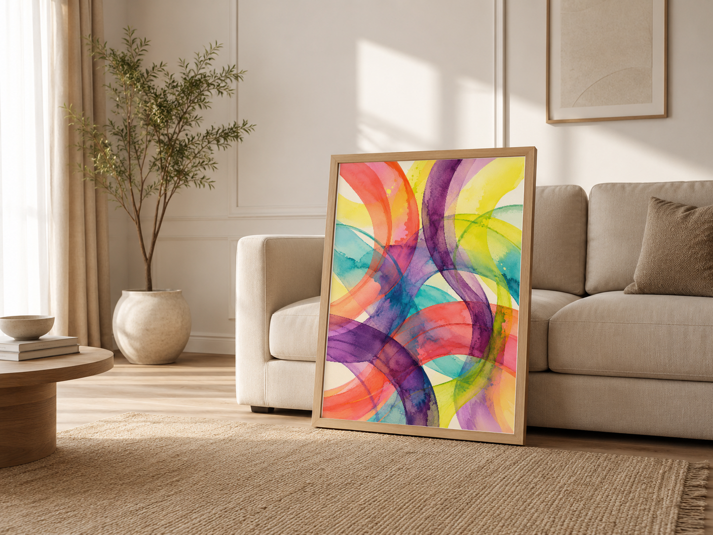 Krem sofa yanında duran canlı renkleriyle soyut sanat tablosu, oturma odasına yaşam ve enerji dolduruyor.