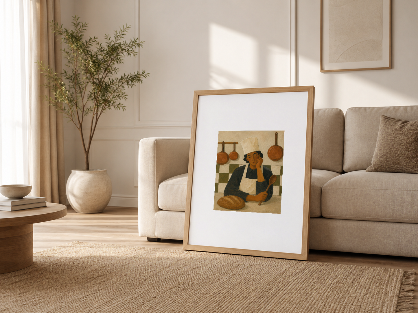 Açık salon dekorasyonunda, ahşap çerçeveli vintage şef posteri, neutral renkli oturma seti yanında modern minimalist tarzda