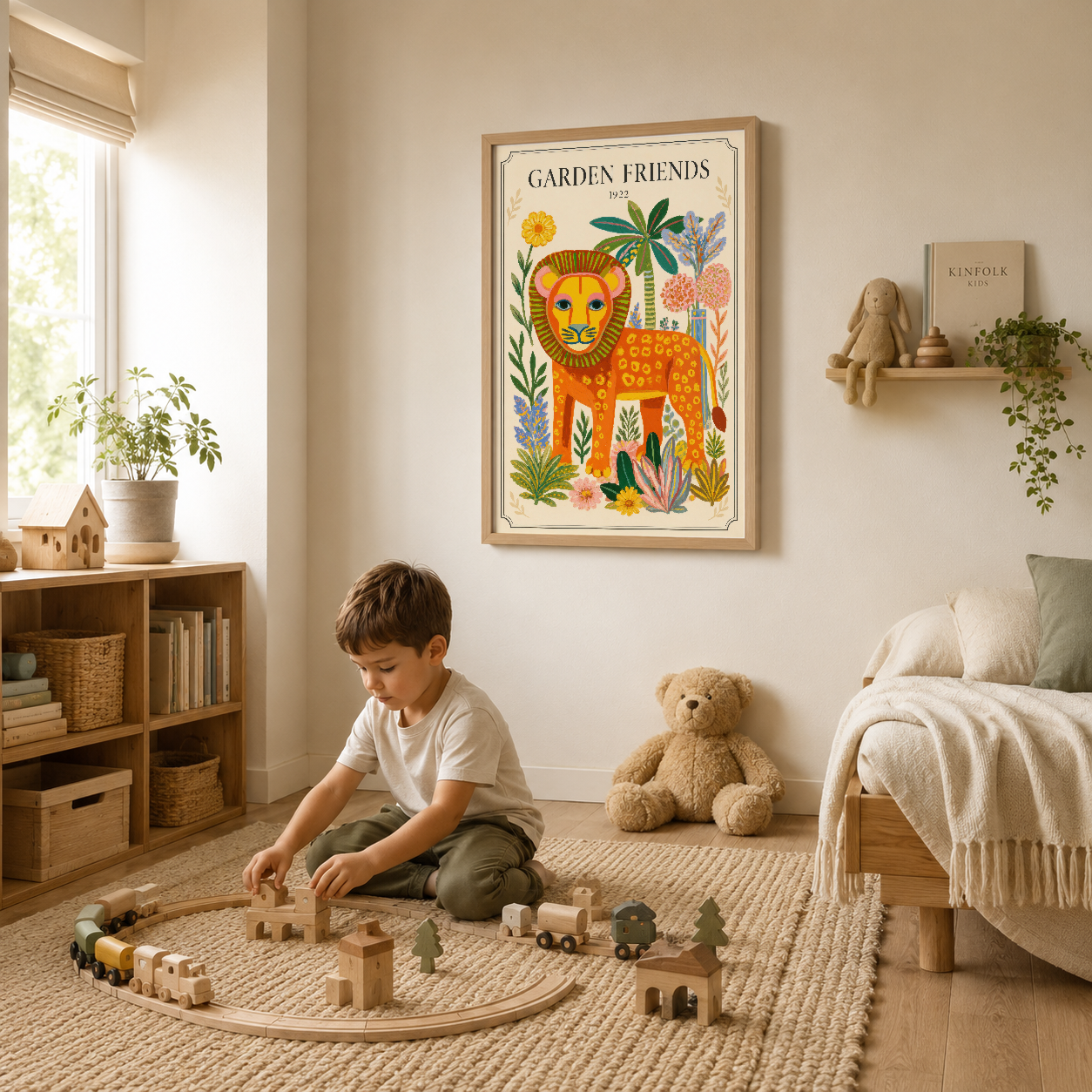 Garden Friends tablosu çerçeveli, çocuk yatak odasının dekorasyonunda kitap raflarının üstünde sergili duran sanat baskı.