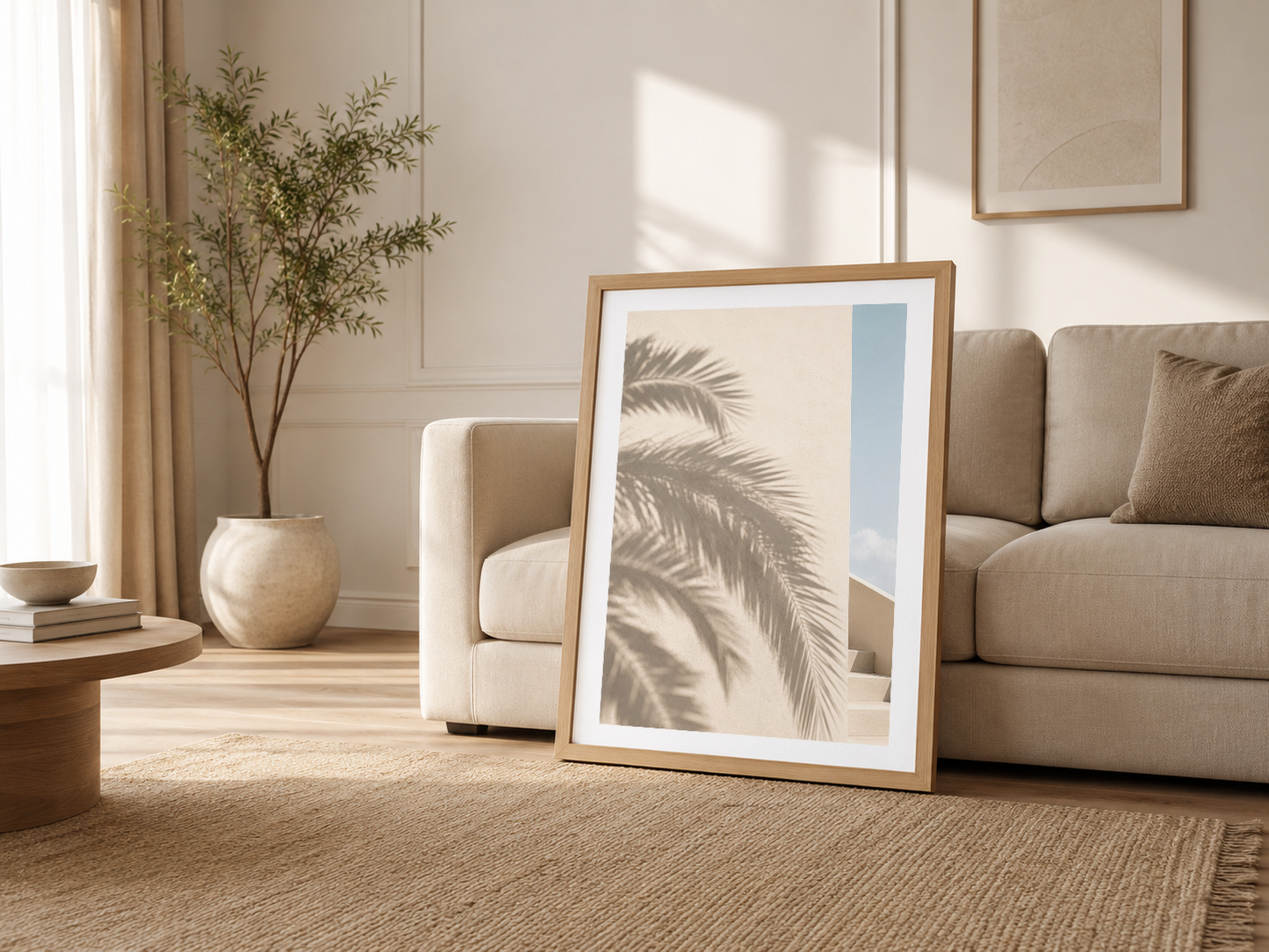 Parlak ışında, beige oturma odasında ayağa yerleştirilen ahşap çerçeveli dekoratif poster.