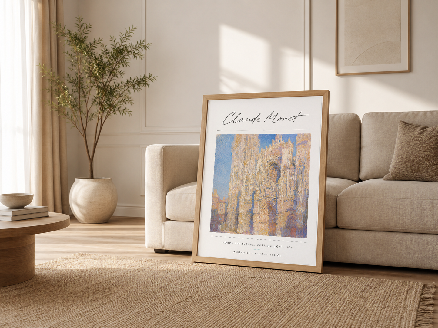 Nötr tonda modern salon dekorasyonunda ahşap çerçeveli Monet Rouen Katedrali tablosu, kanapının yanında evrensel sanat