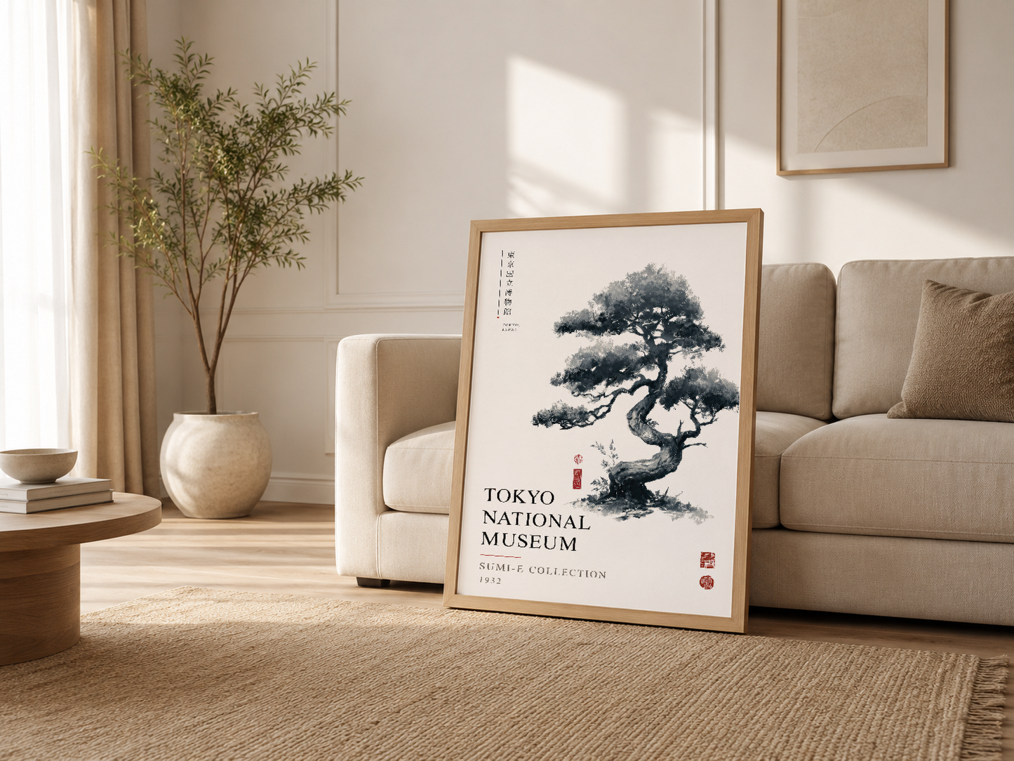 Açık ve aydınlık oturma odasında, ahşap çerçeli bonsai posteri kanepenin yanında sessiz güzellik sunuyor.