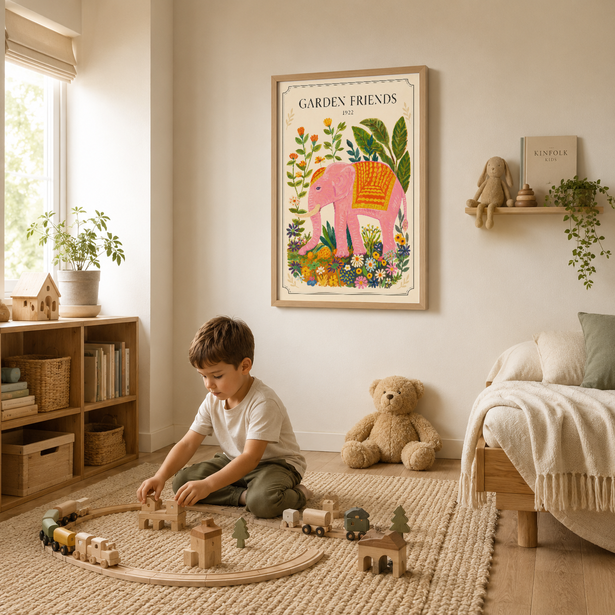 Oyun alanına yerleştirilmiş Garden Friends tablosu, renkli fil illüstrasyonu ve doğa temalı dekorasyon.