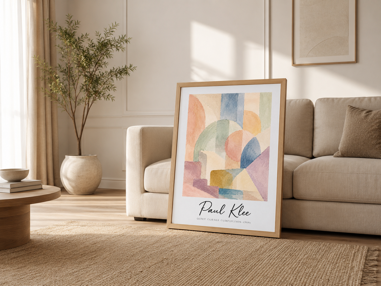 Beyaz çerçeveli Paul Klee posteri, modern oturma odasının krem mobilyaları ve doğal ışığıyla uyumlu, sıcak tasarımı