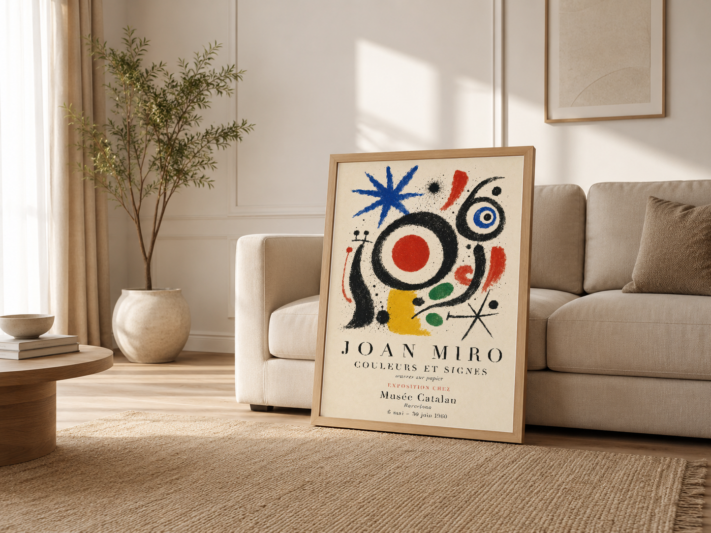 Açık oturma odasında, ahşap çerçeveli Miró posteri kanepenin yanında modern iç tasarımı tamamlar.