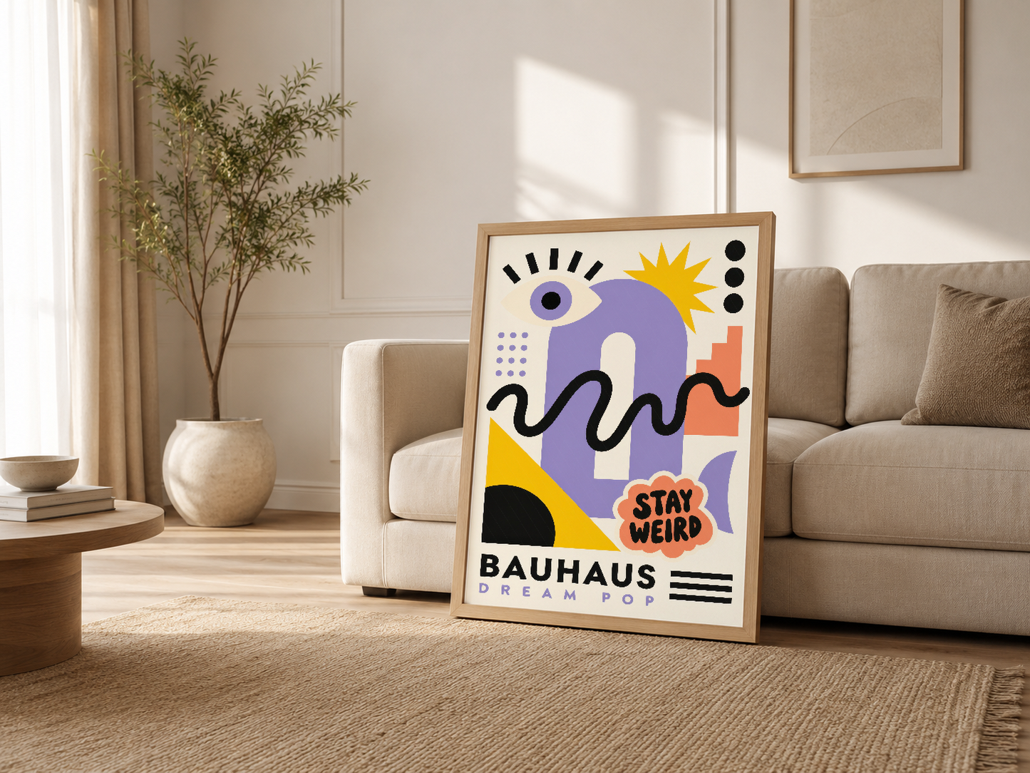 Oturma odası kanepenin yanında Bauhaus tablosu, gri çerçevede canlı geometrik tasarım ve modern ev dekorasyonu