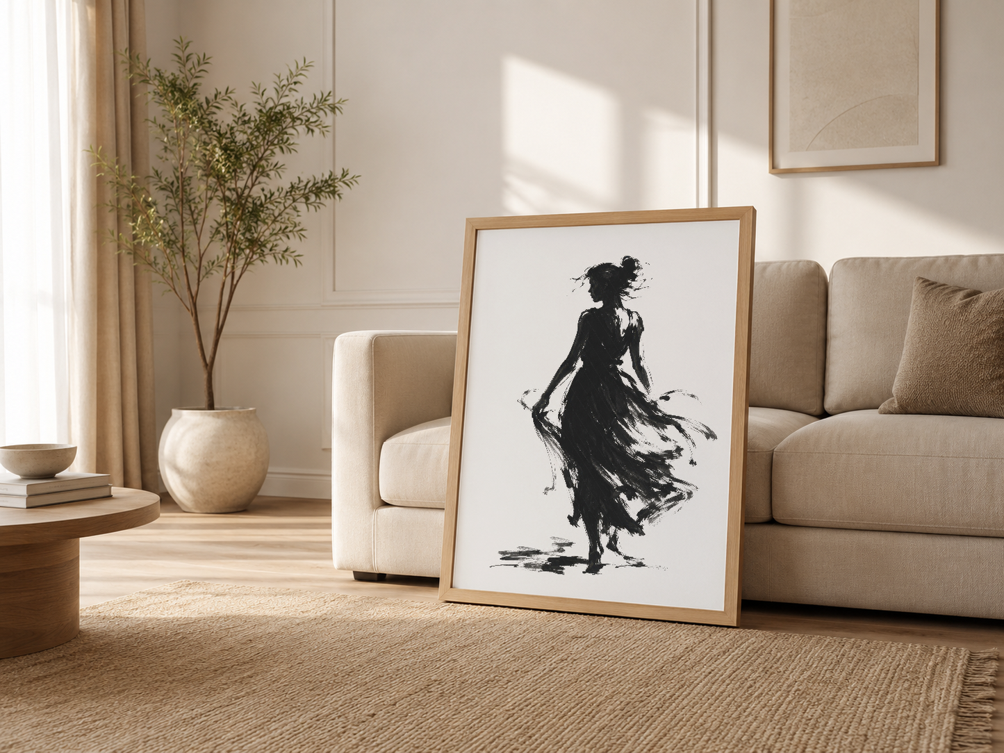 Minimalist oturma odasının krem kanepesinin yanında, ahşap çerçeveli ekspresif kadın figürü sanat eseri.