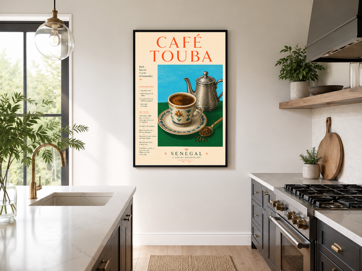 Çağdaş mutfakta siyah çerçeveli Café Touba posteri, gaz ocağının üstünde asılı, sofistike ambiyans yaratıyor.