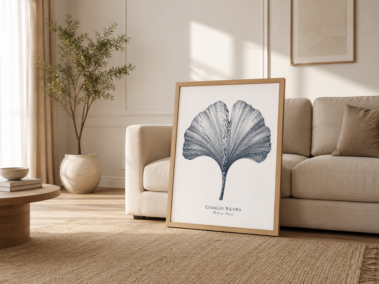 Şık oturma odasında ahşap çerçeveli ginkgo poster dekoratif unsur.