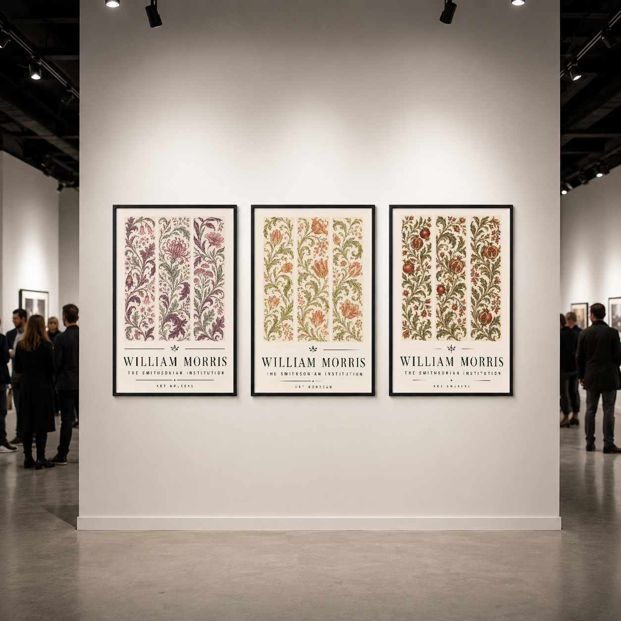 Galeride siyah çerçeveli William Morris çiçek deseni tablo triptyği, modern sergi ortamında.