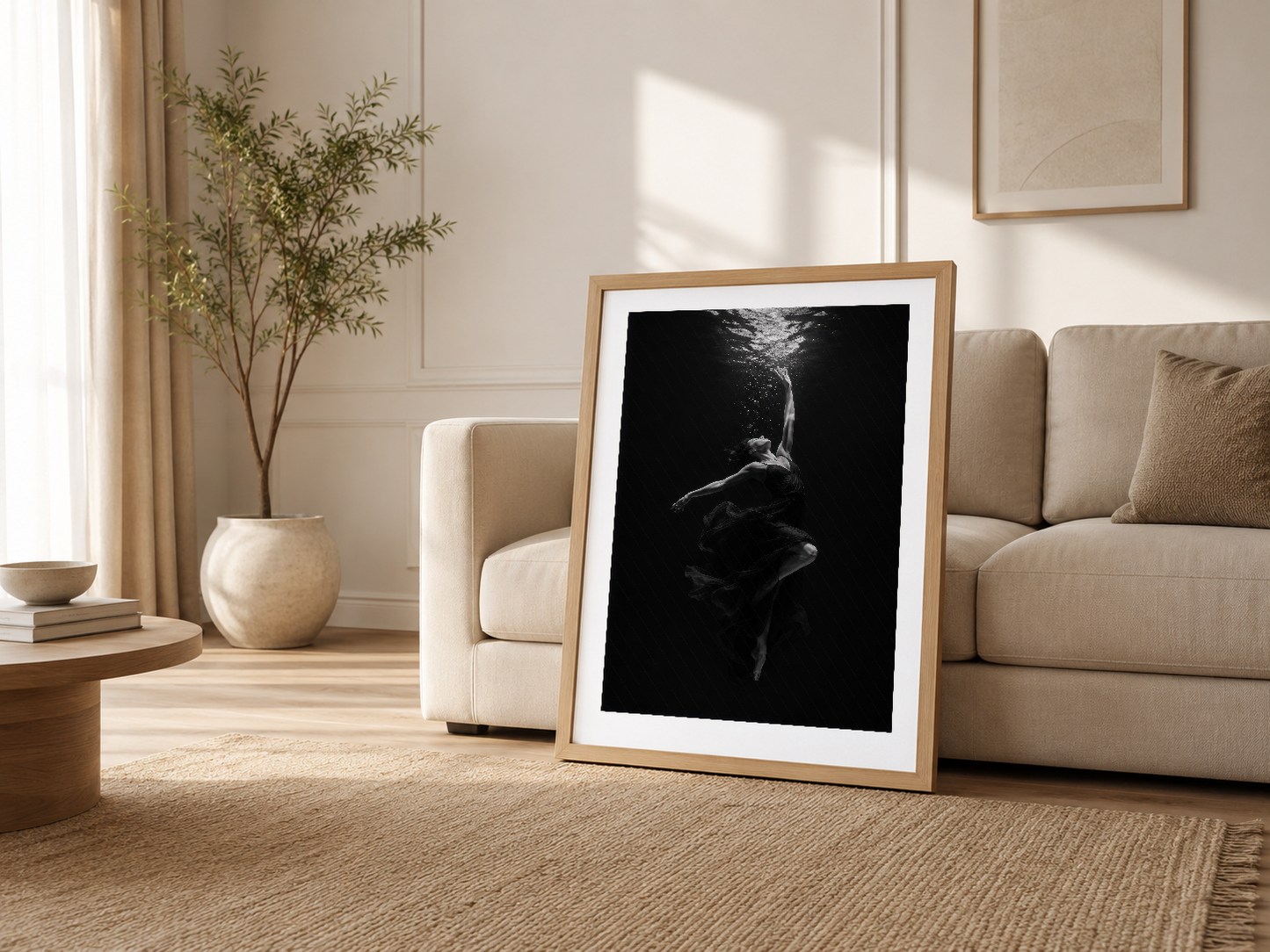 Krem oturma odasında ahşap çerçeveli tablo, minimalist ev dekorasyonu.