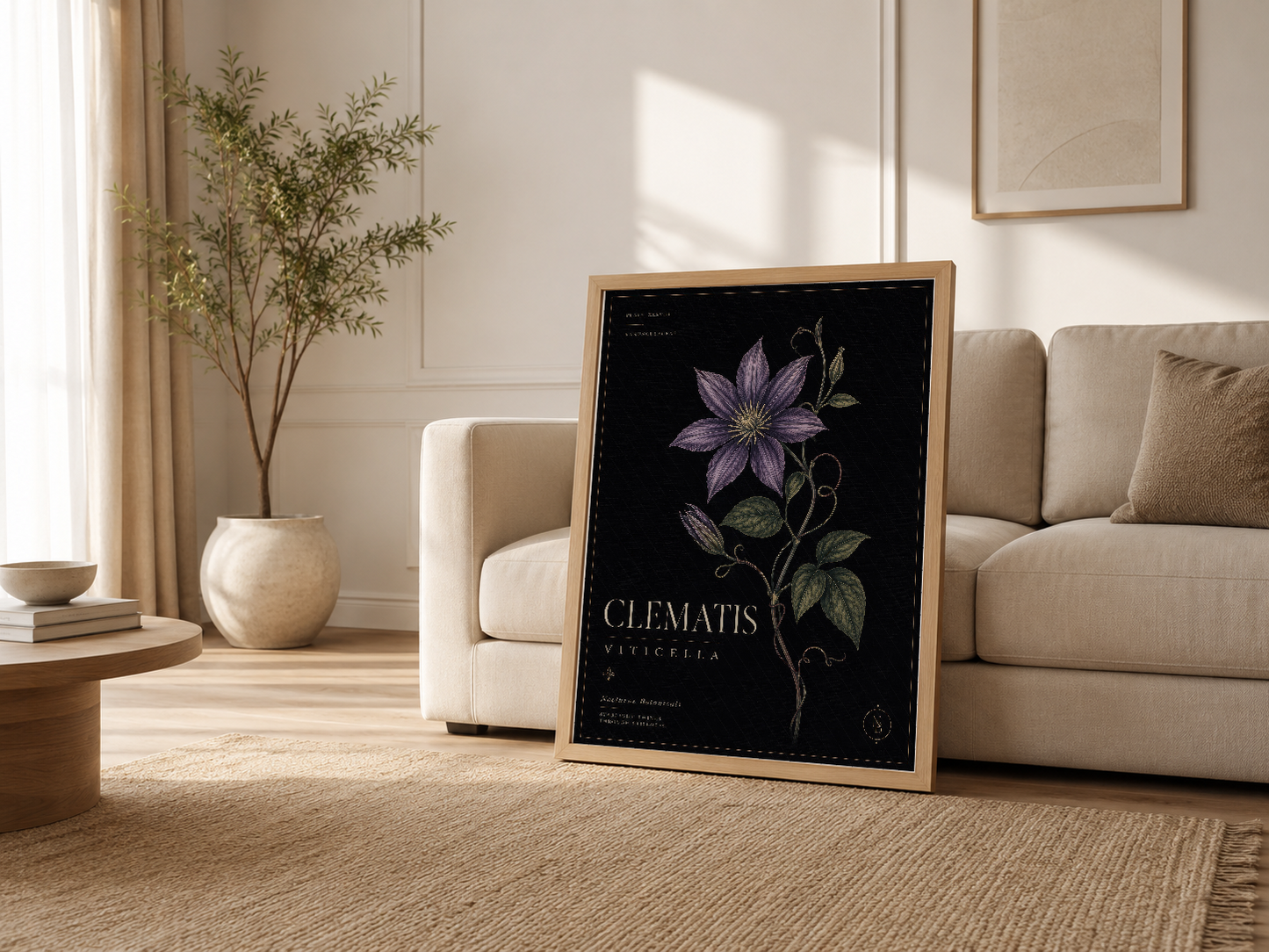 Ahşap çerçeveli clematis tablosu, modern oturma odasında kanepenin yanında, vintage botanik tarzı.