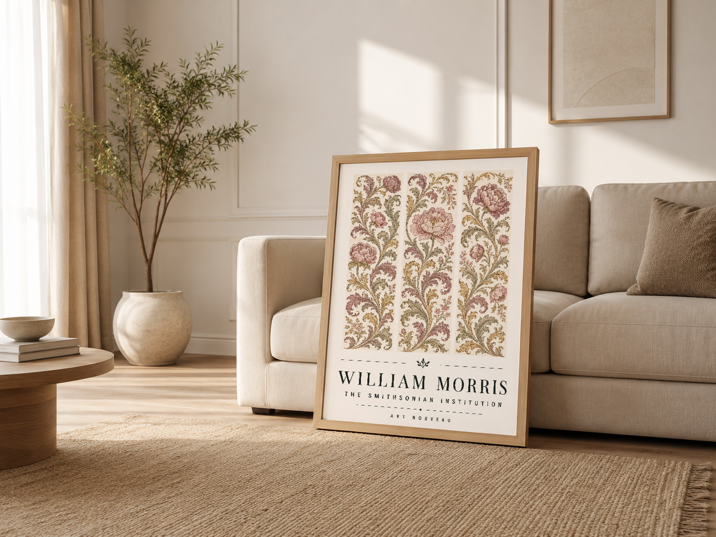 Açık oturma odasında ahşap çerçeveli William Morris posteri, botanik deseninin zarif güzelliğiyle dekor vurgusunu