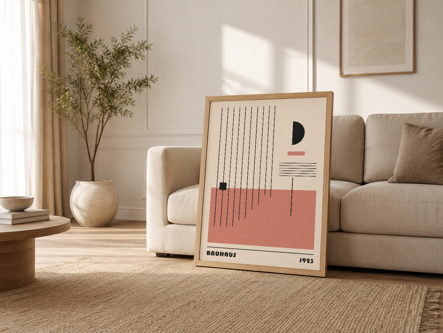 Kanepenin yanında ahşap çerçeveli, geometrik tasarımlı modern sanat posteri yer alıyor.