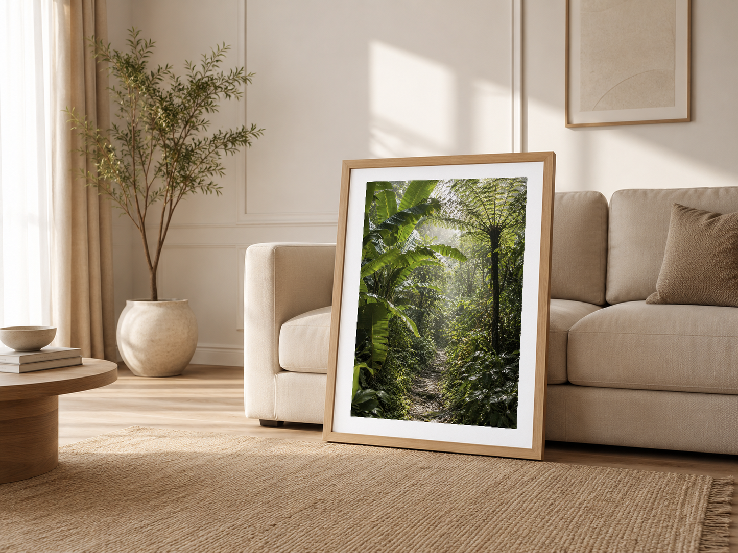 Krem oturma odasında, ahşap çerçeve içinde hazırlanmış tropikal orman tablosu.