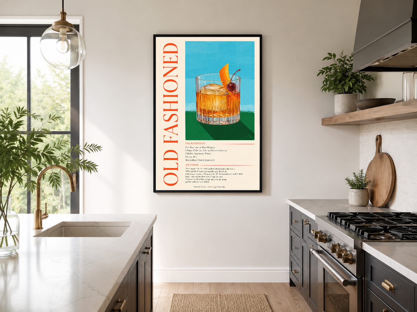 Modern mutfakta siyah çerçeveli Old Fashioned kokteli tarifi duvar sanat tablosu