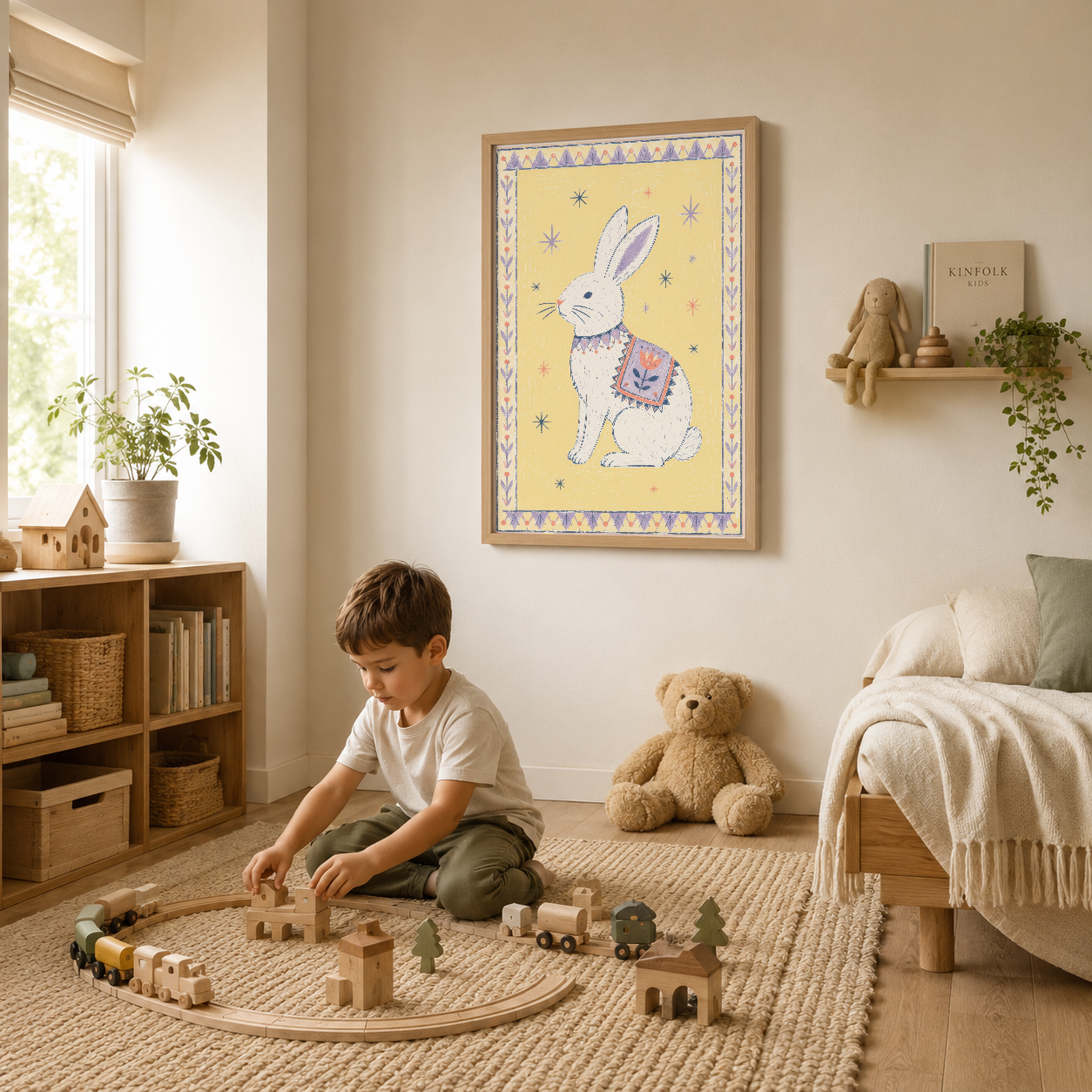 Çocuk yatak odası duvarında asılı, ahşap çerçeli tavşan sanat eseri, oyunlarken ilham veren dekorasyon.