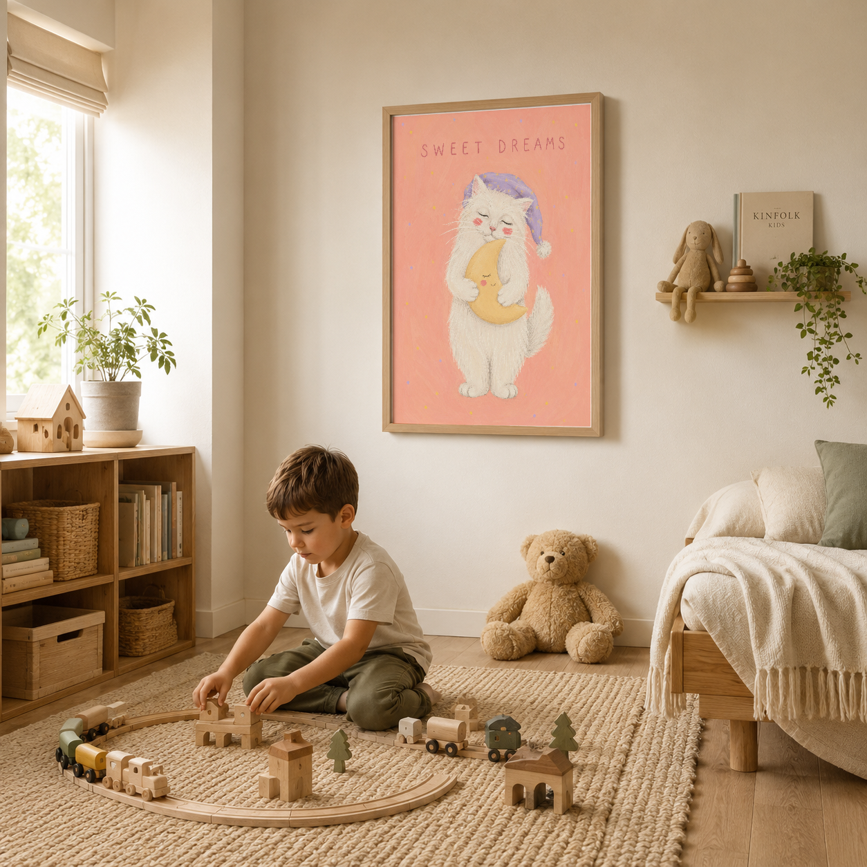 Çocuk yatak odasının üstünde, ahşap çerçevedeki Sweet Dreams tablosu oda dekorasyonunu tamamlıyor.