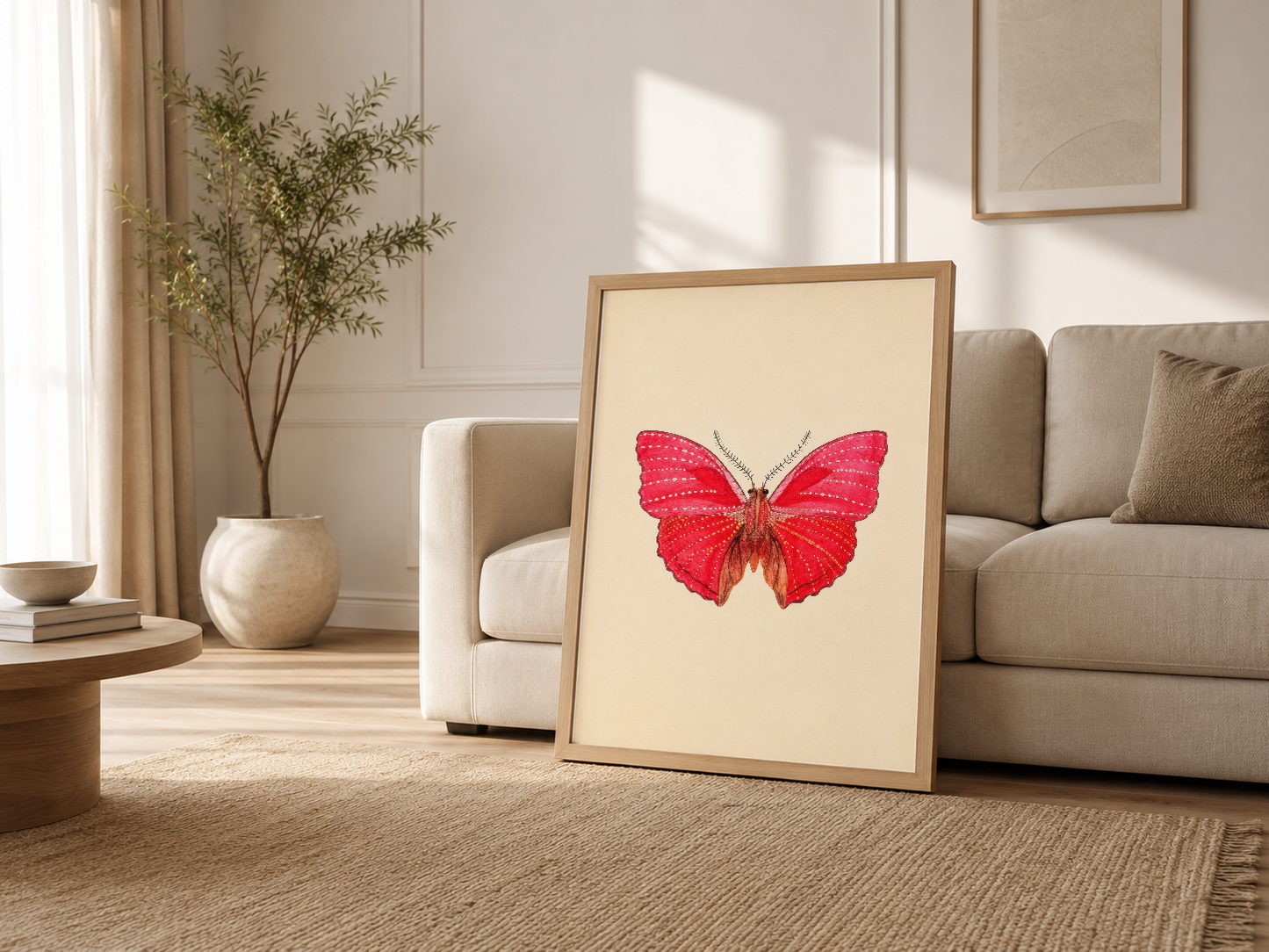 Modern oturma odasında ahşap çerçeveli kelebek tablosu, beige kanepenin yanında dekoratif sergileme.