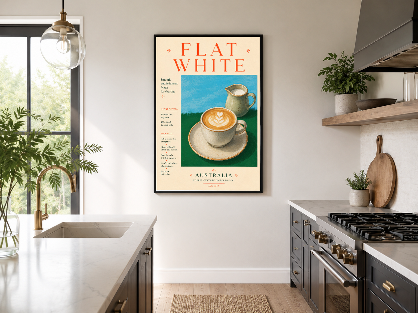 Siyah çerçeveli Flat White tablosu, modern mutfakta Avustralya kahve sanatı dekoru.