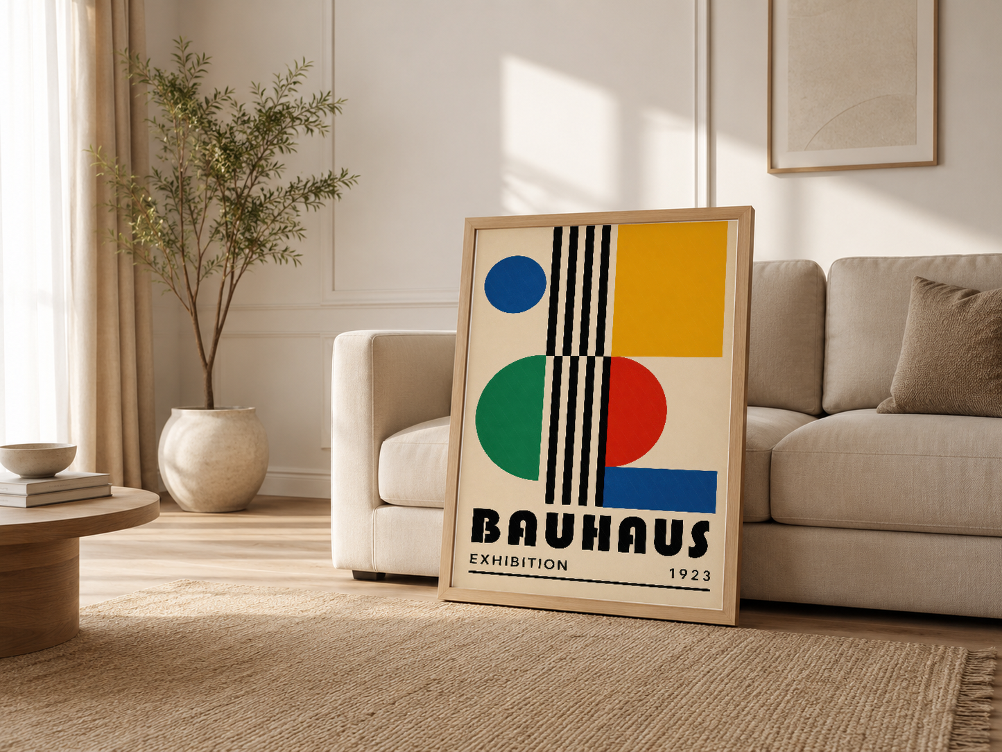 Minimalist oturma odasında, kanepenin yanında ahşap çerçeveli geometrik Bauhaus sanat tablosu sergileniyor.