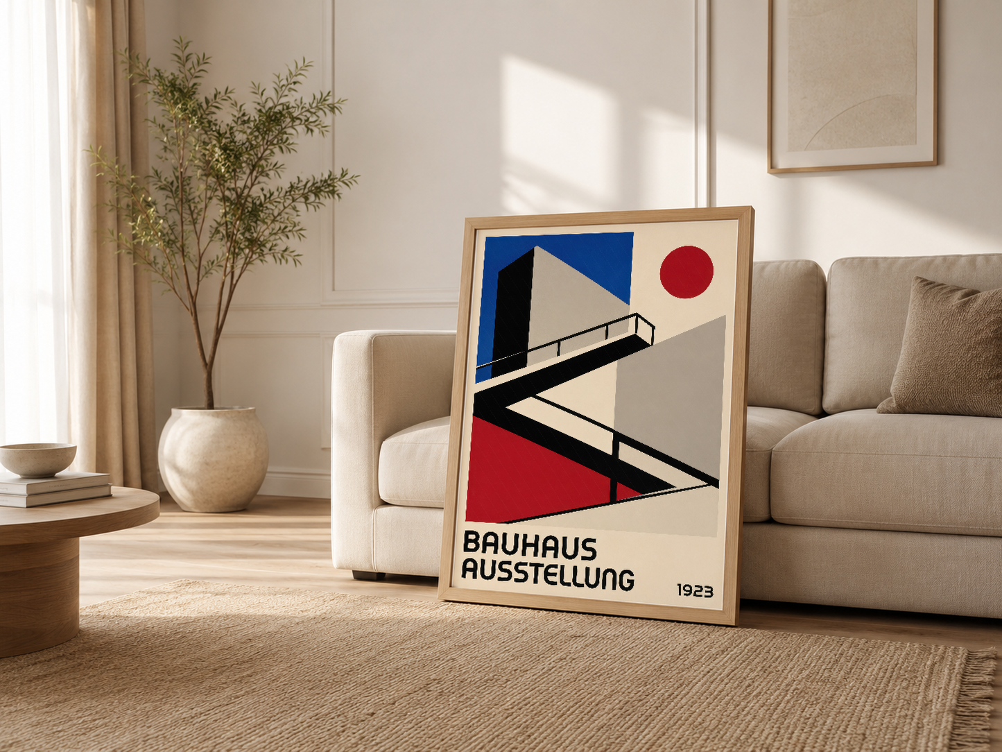 Krem kanepesinin yanına konumlanan Bauhaus sergisi sanat tablosu, ahşap çerçeveli ve modernist stil.