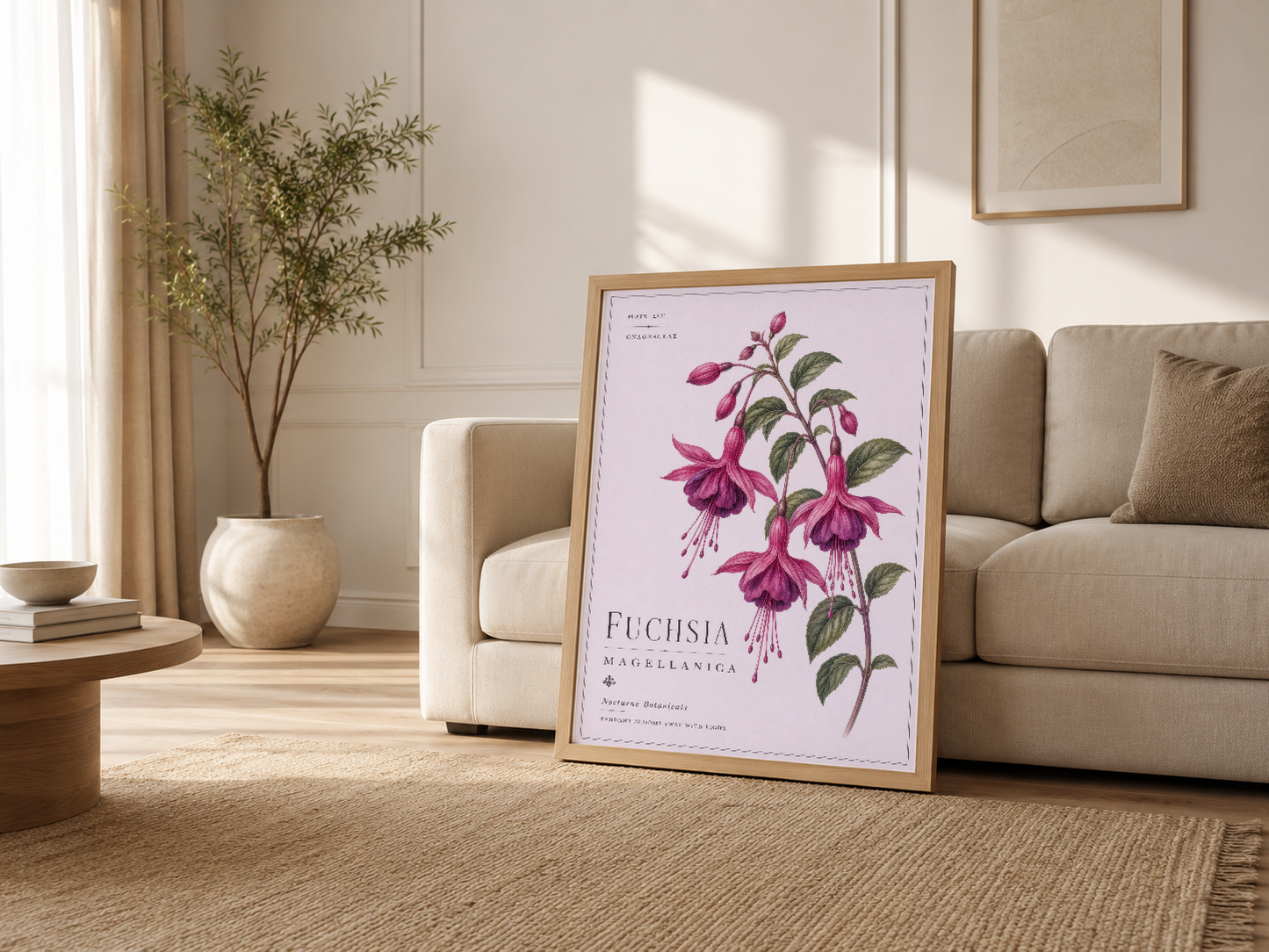 Açık krem tonlu yaşam alanında, kanepenin yanında ahşap çerçeveli Fuchsia Magellanica tablosu.