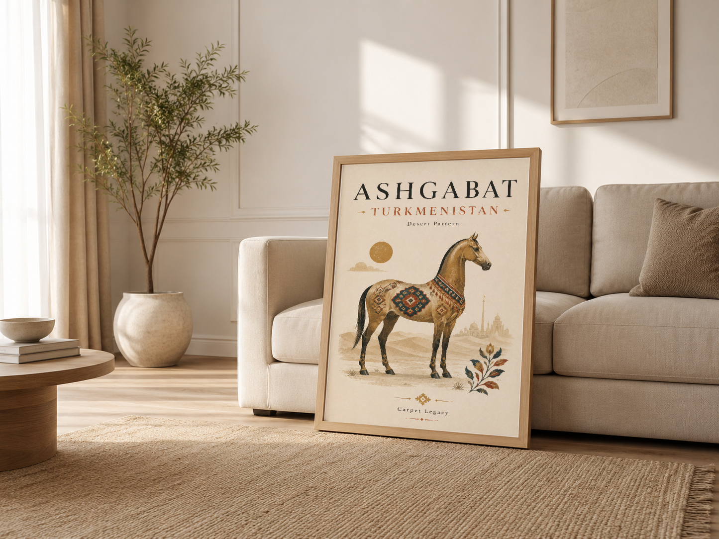 Modern oturma odasında, kanepenin yanında ahşap çerçeveli Ashgabat Türkmenistan at posteri dekorasyonu.