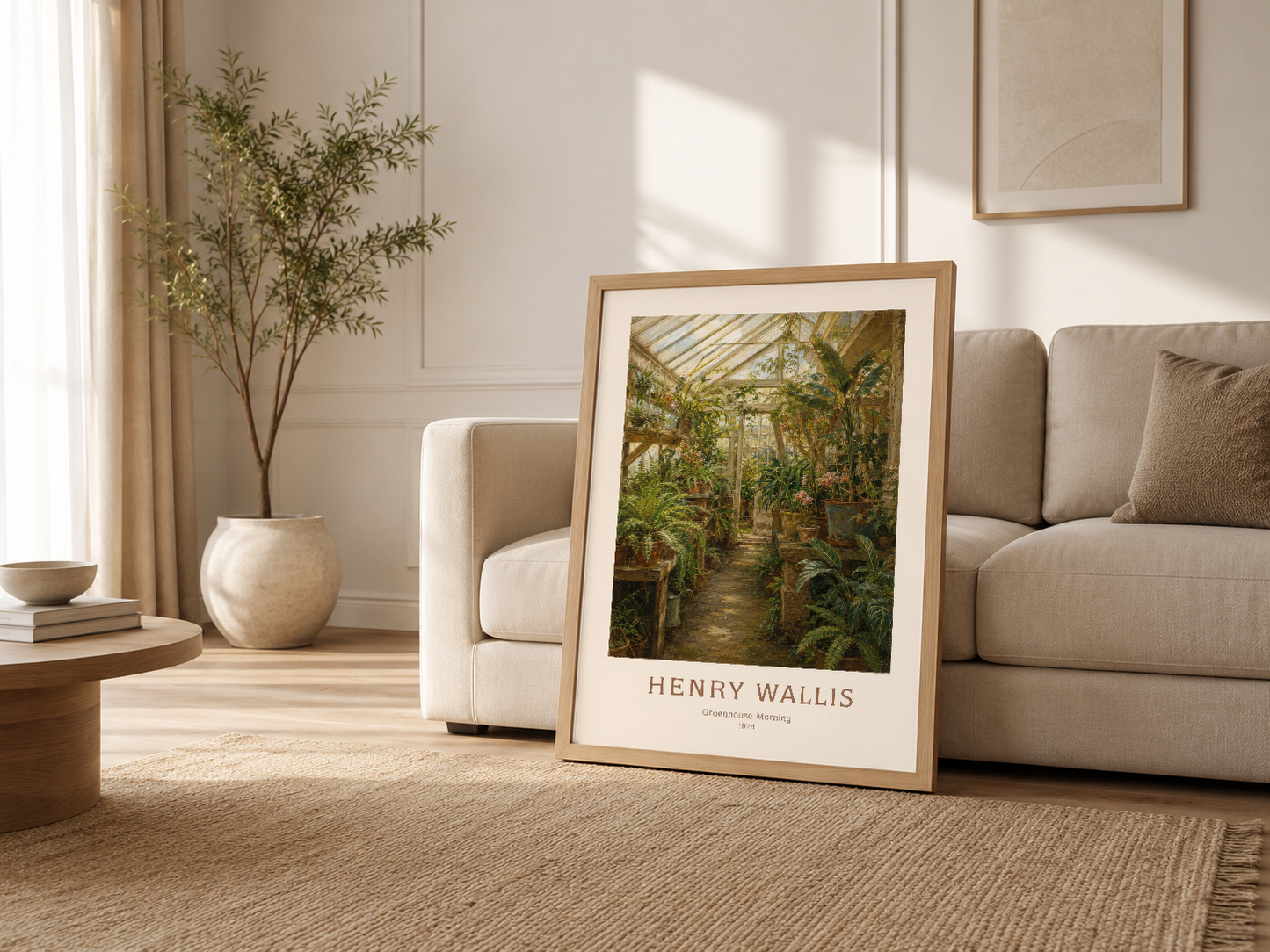 Açık renkli oturma odasında, kanepenin yanında ahşap çerçeveli Henry Wallis serinliğini veren dekoratif posteri.