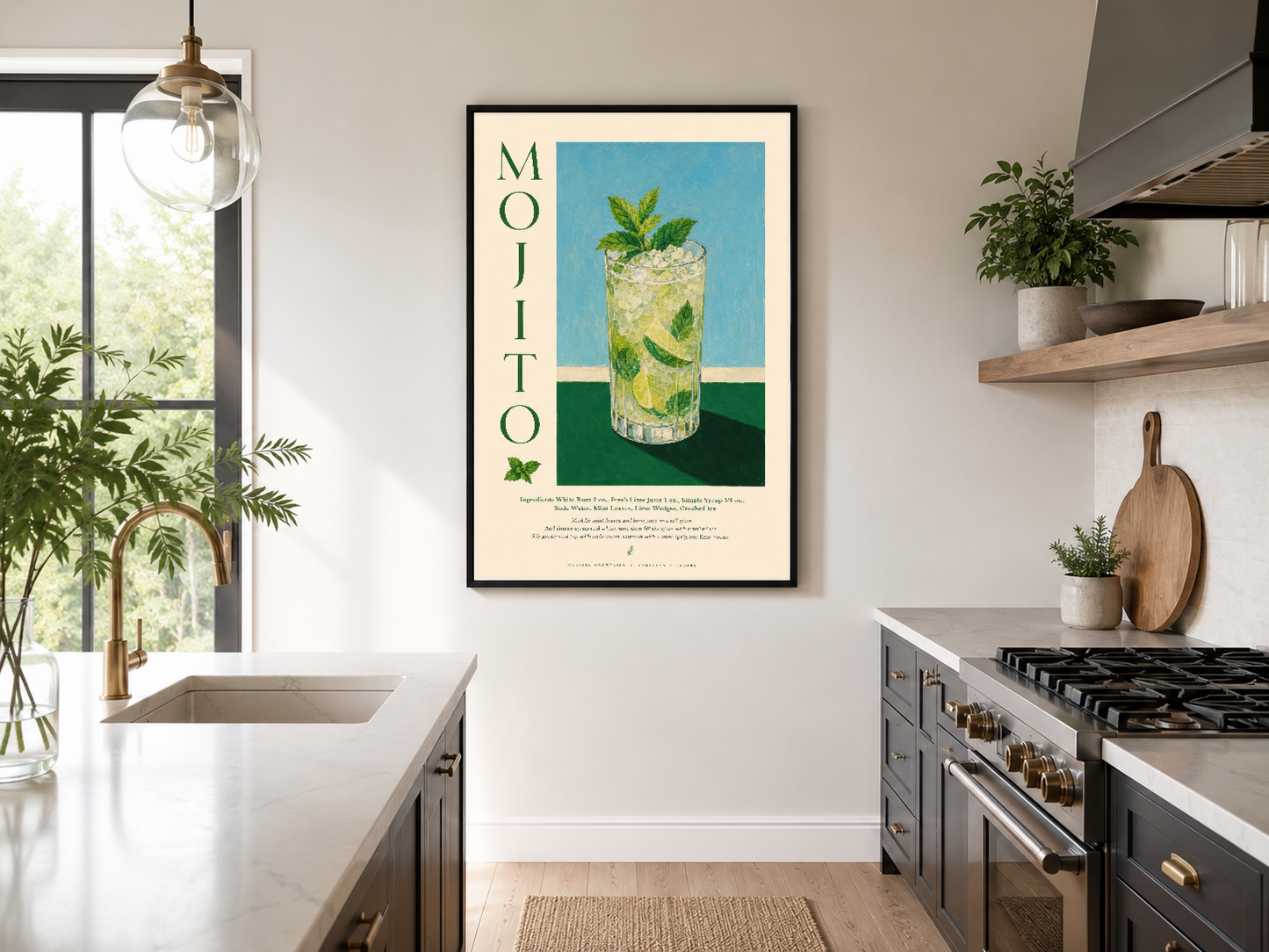 Siyah çerçeveli Mojito posteri, modern tasarımlı mutfakta endüstriyel pencere ve bitkilerin yanında duvarda asılı.