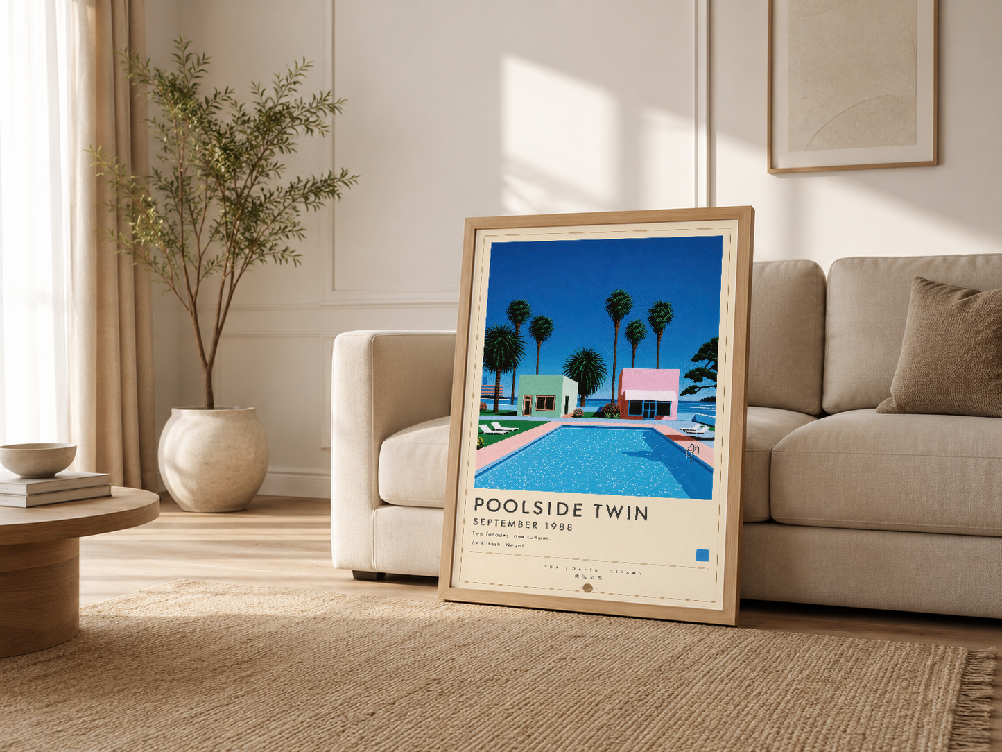 Parlak oturma odasında ahşap çerçeveli Poolside Twin posteri, kanepenin yanında minimal dekor tamamlıyor.