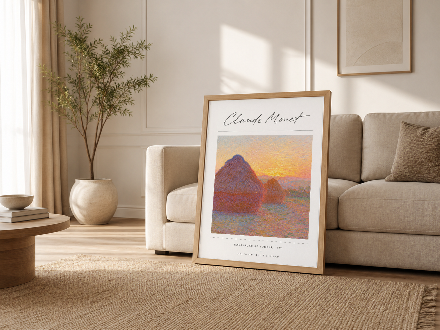 Modern minimalist oturma odasında, ahşap çerçeveli Monet tablosu kanepenin yanında sergileniyor.