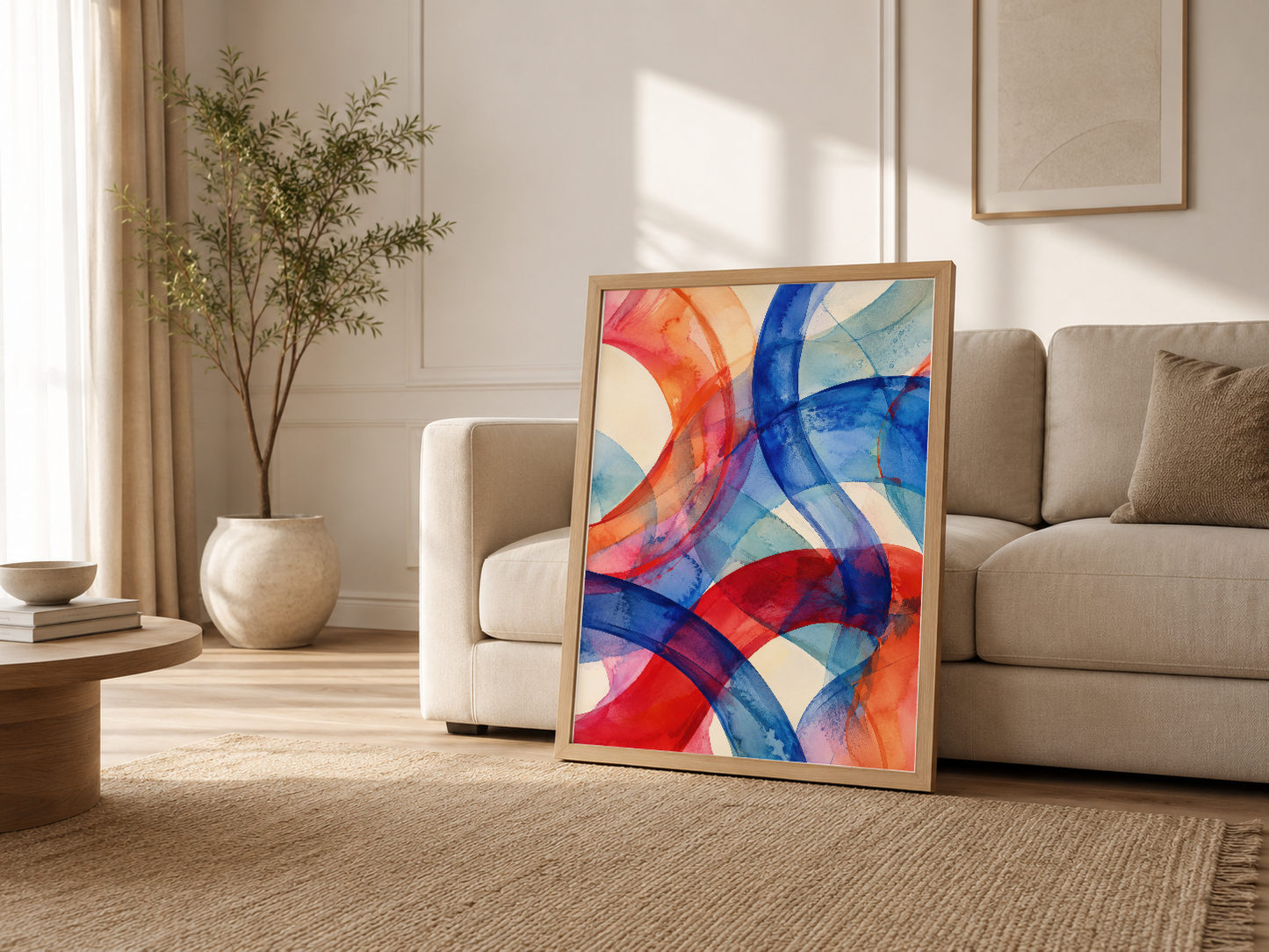Minimalist oturma odasında krem rengi kanepenin yanında modern çok renkli soyut tablo