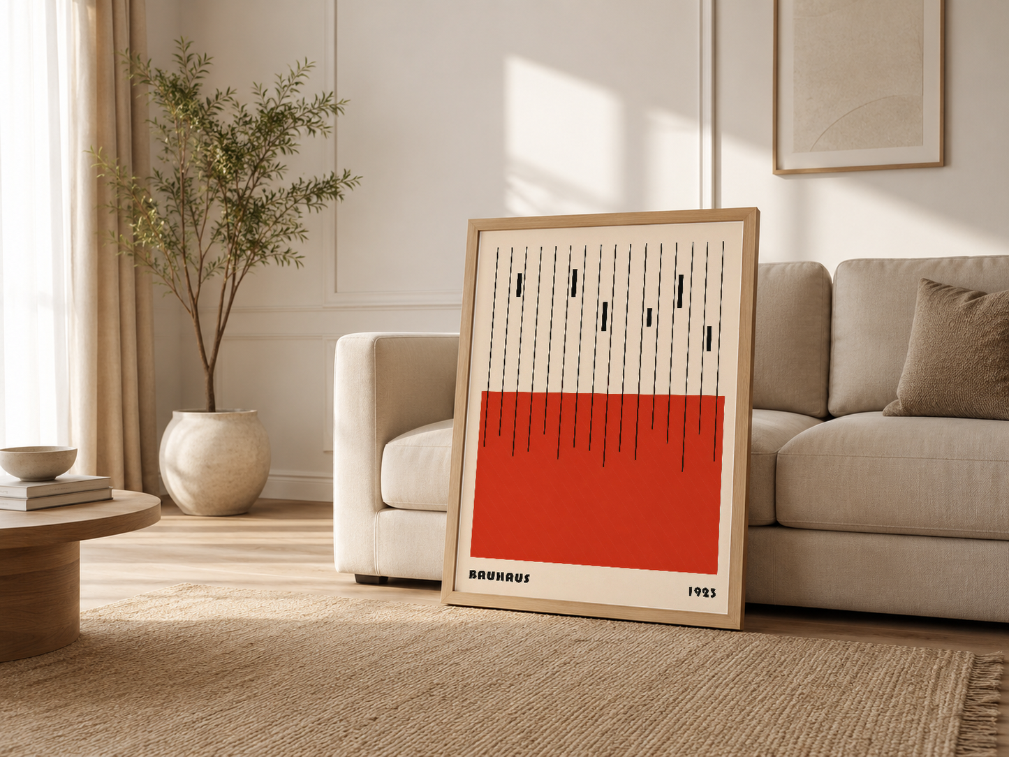 Modern oturma odasında kanepenin yanında duran Bauhaus tablosu, nötr dekorasyonu canlı kırmızıyla bütünlüyor.