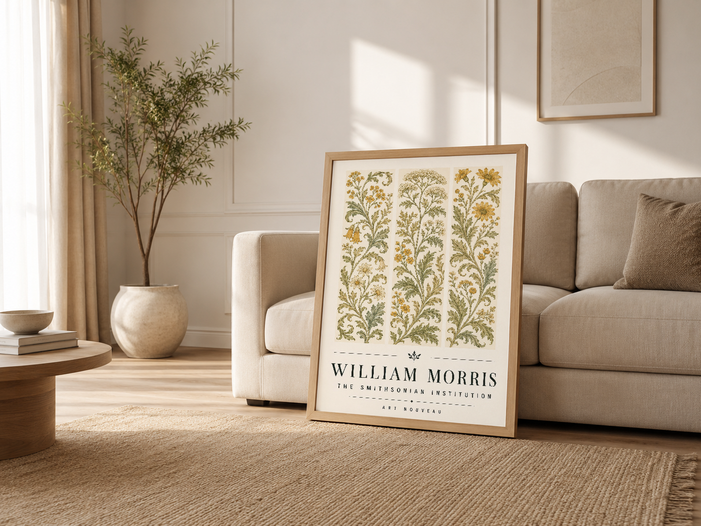 Nötr tonlu oturma odasında, ahşap çerçeveli William Morris tablosu kanepe yanında dekoratif şekilde yerleştirilmiş.