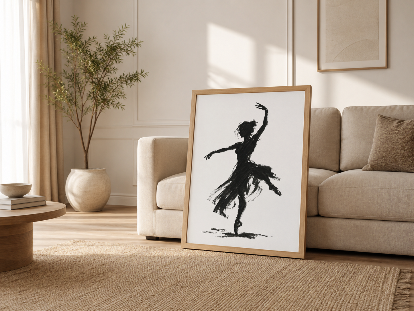 Oturma odasında ahşap çerçeveli balerin silueti posteri, minimalist ev dekorasyonu.