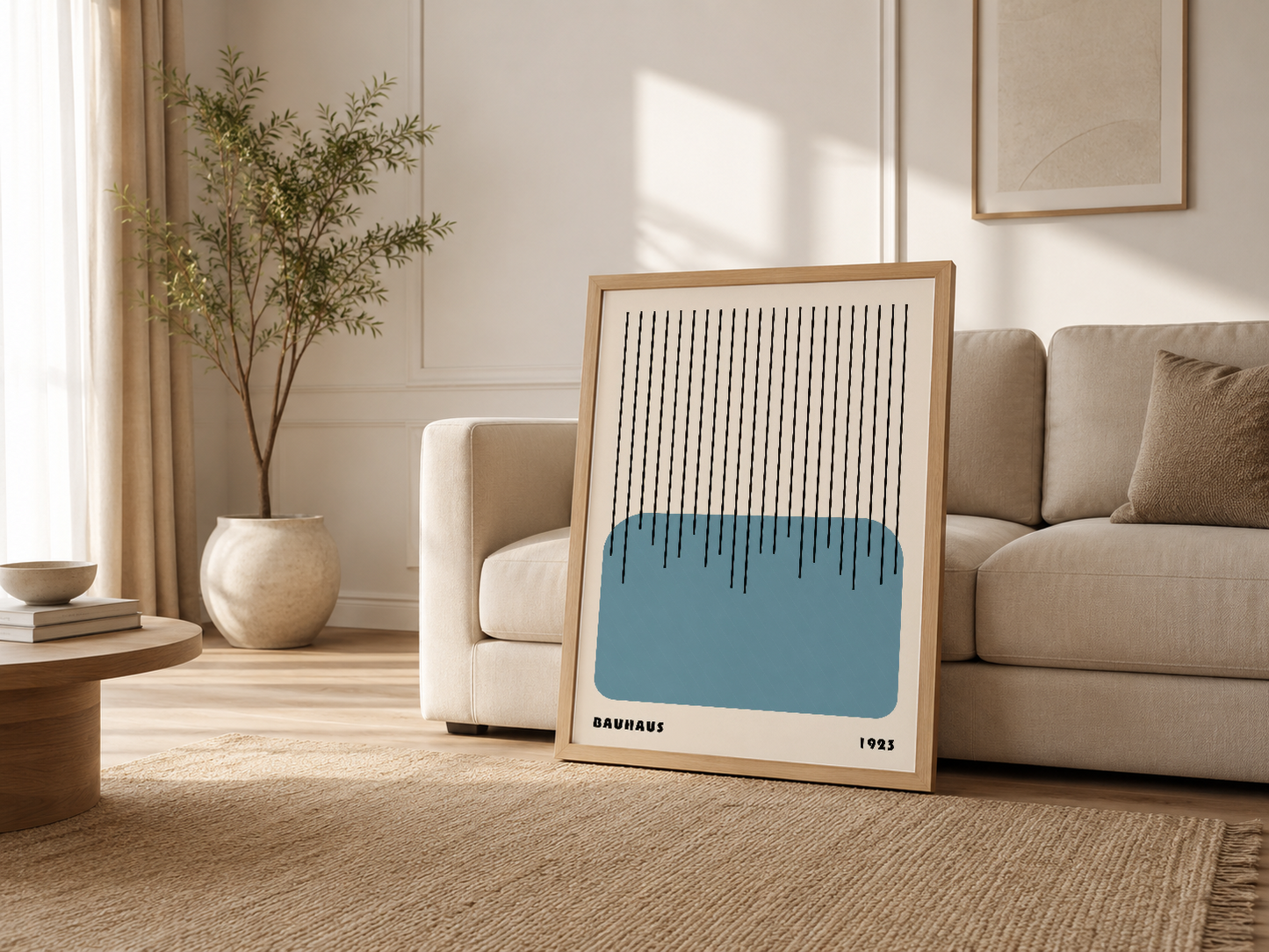 Krem tonlu modern oturma odasında, ahşap çerçeveli Bauhaus tablosu kanepe yanında sergilenmiş.