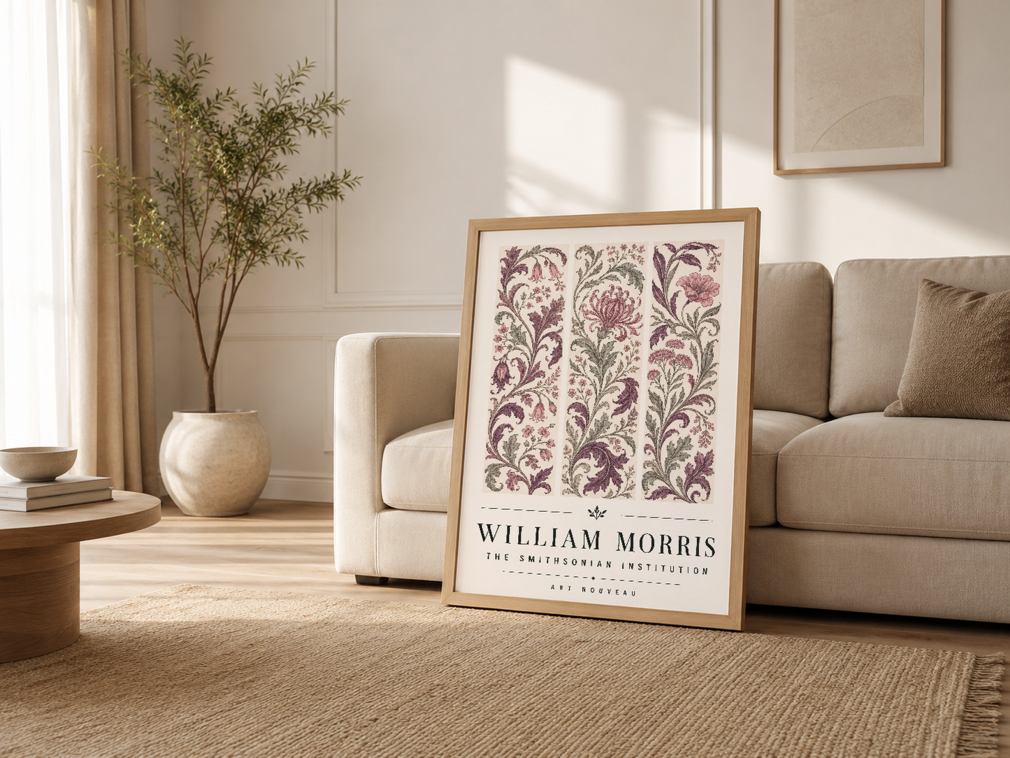 Krem renkli minimalist oturma odasında, kanepenin yanında zemine destek verilmiş ahşap çerçeveli William Morris Art Nouveau