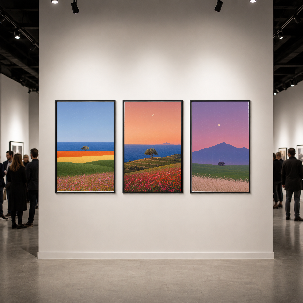 Galeri duvarında sergilenen siyah çerçeveli üç panel tablo, pastoral peyzaj ve renk gradyan sahneleriyle.