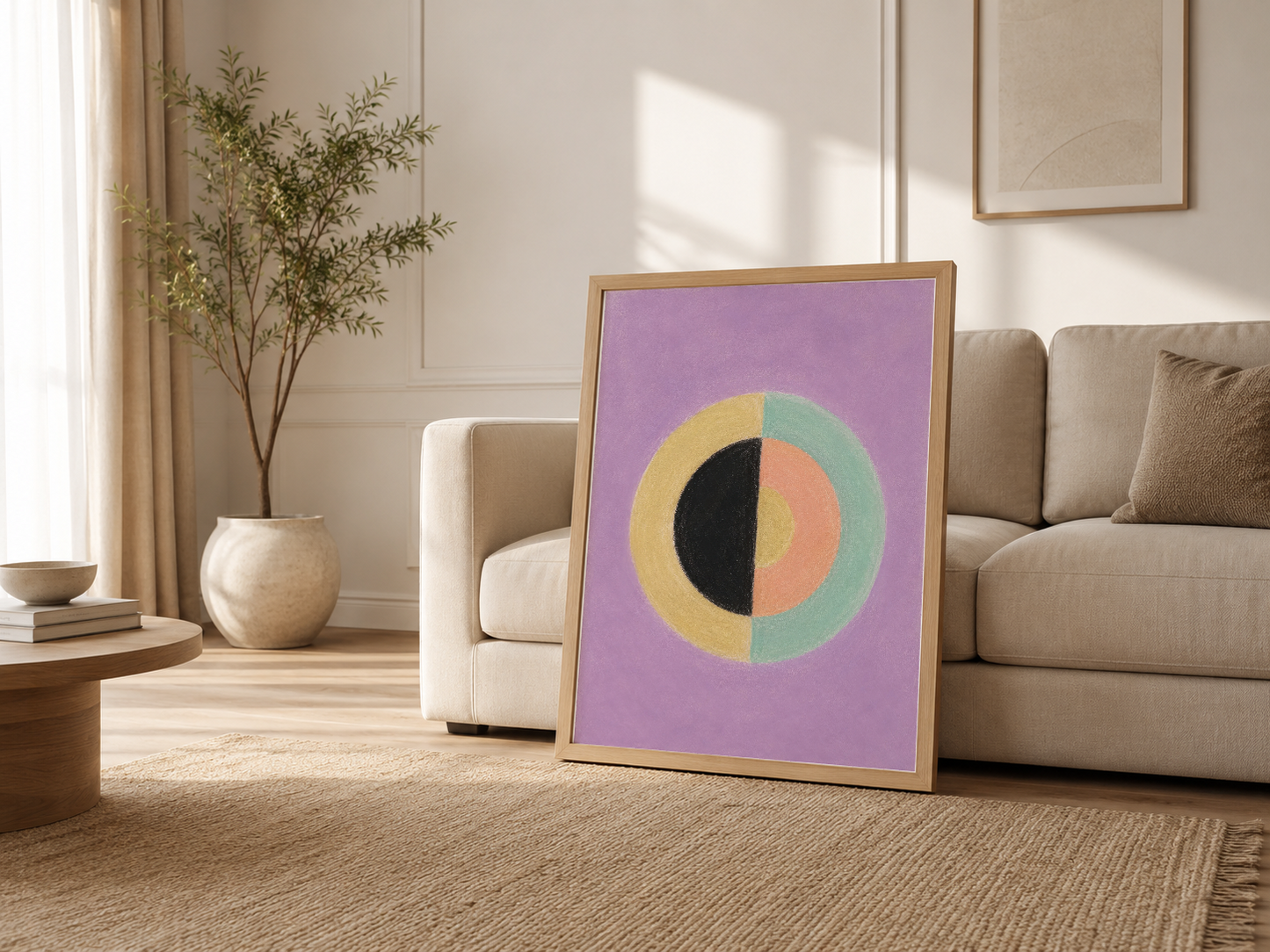 Açık oturum alanında, kanepenin yanında duran ahşap çerçeveli pastel pembe geometrik sanat tablosu.