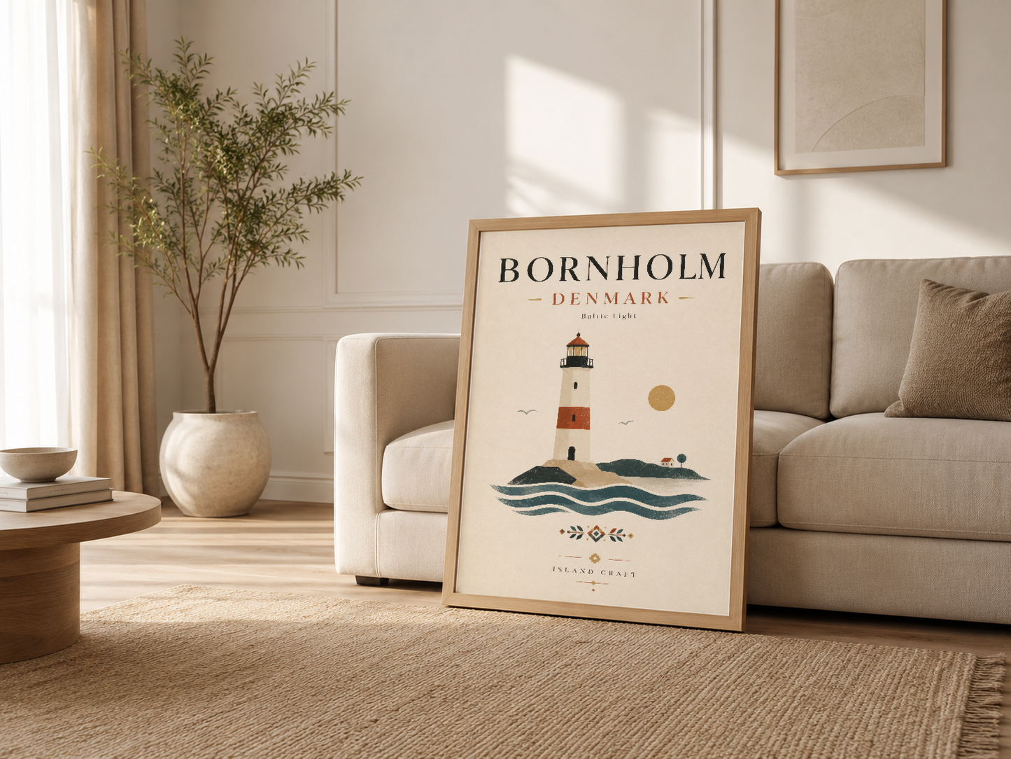Krem rengi oturma odasında, ahşap çerçeveli Bornholm deniz feneri tablosu, minimalist ev dekorasyonu örneği.