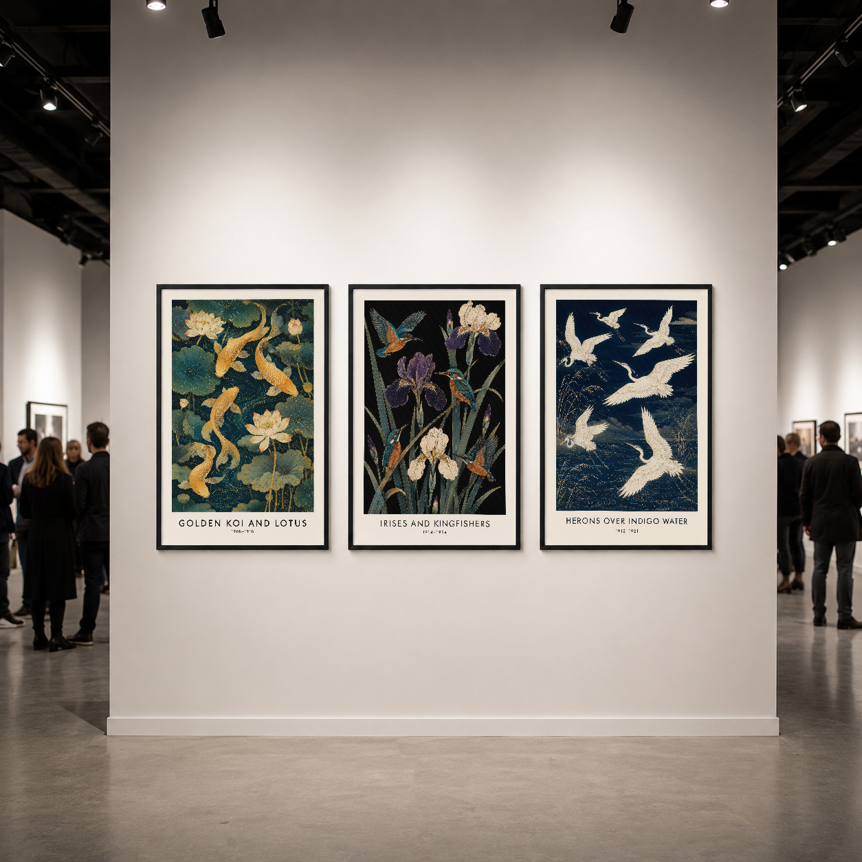 Modern galeri ortamında sergilenen üç siyah çerçeveli tablo, premium sanat sunum.