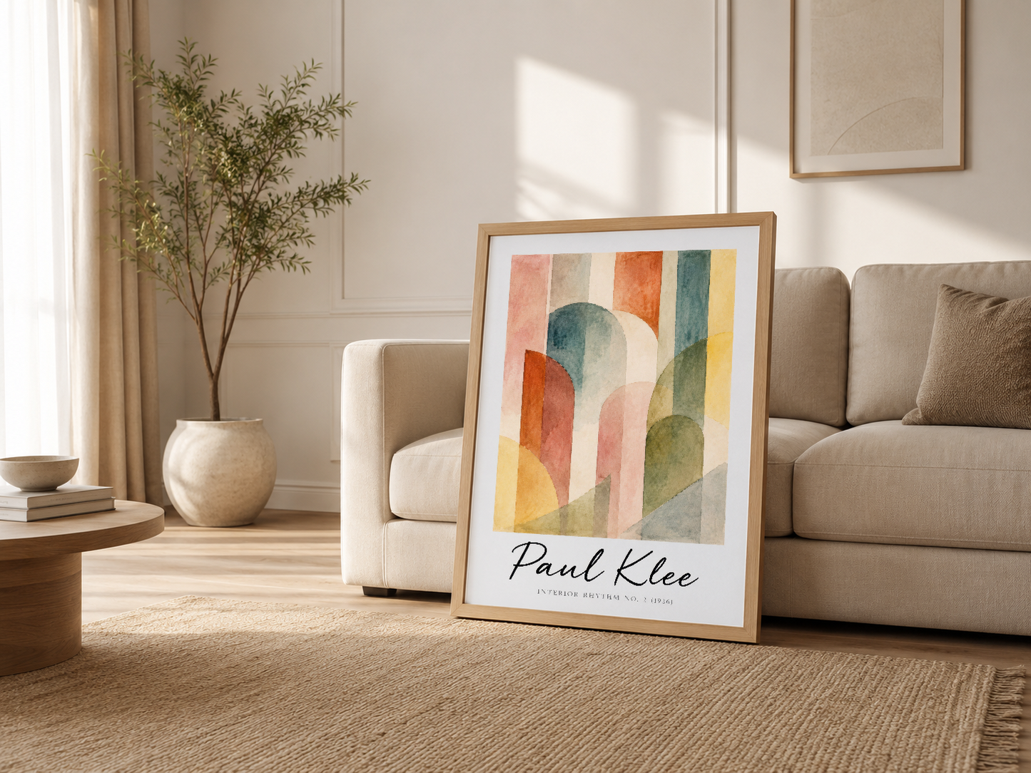 Ahşap çerçeveli Paul Klee posteri, oturma odasında kanepenin yanında, modern ve huzurlu bir atmosfer yaratıyor.