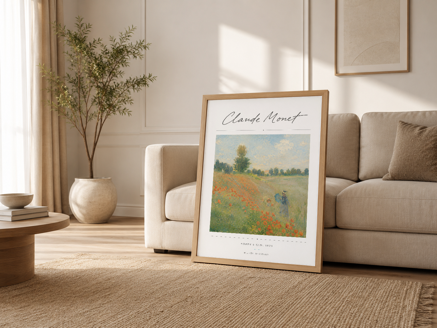 Sade ve şık oturma odasında, ahşap çerçeveli Monet posteri dekoratif unsur olarak konumlandırılmış.