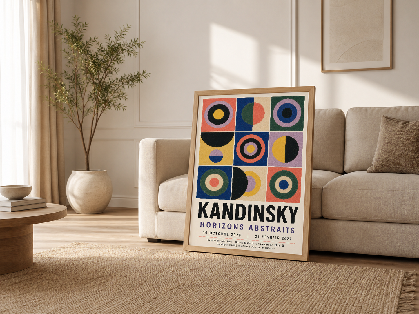 Krem tonlu oturma odasında kanepenin yanında duran, ahşap çerçeveli Kandinsky tasarım tablosu.